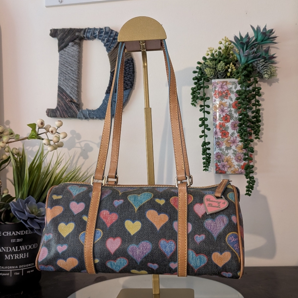 Dooney & Bourke Multicolor Heart Print Shoulder Bag - Black Background, Tan Trim
